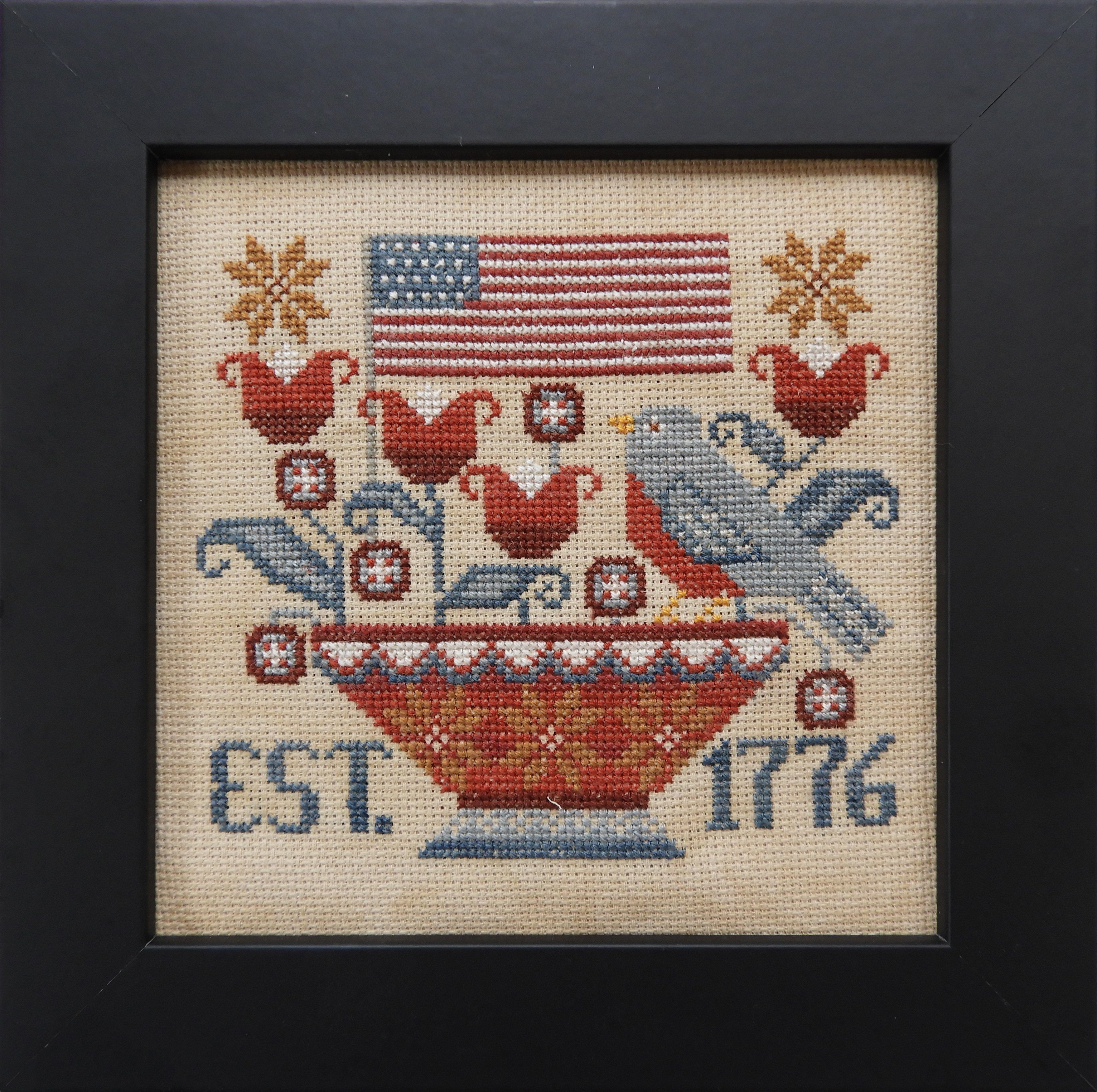 Patriotic Tweet on 32 ct tea dyed evenweave by Pam Seaberg