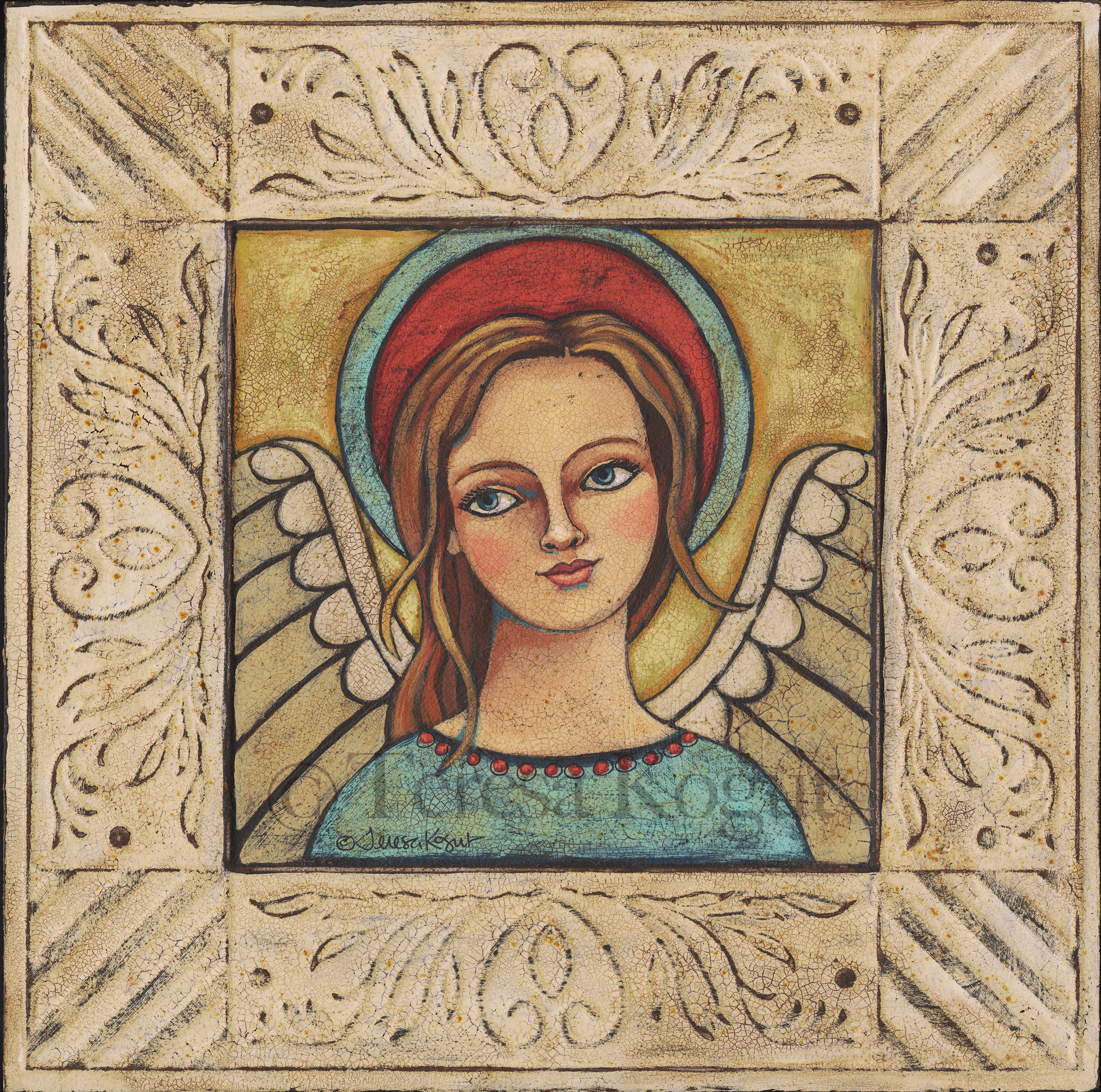 meet grace, mix media acrylic angel painted on rusty tin tile